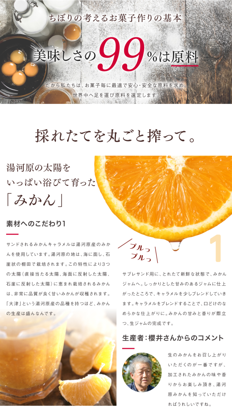 ちぼりの考えるお菓子作りの基本 美味しさの99%は原料 だから私たちは、お菓子毎に最適で安心・安全な原料を求め、世界中へ足を運び原料を選定します。 採れたてを丸ごと搾って。 湯河原の太陽をいっぱい浴びて育った「みかん」 素材へのこだわり1 サンドされるみかんキャラメルは湯河原産のみかんを使用しています。 湯河原の地は、海に面し、石崖状の棚田で栽培されます。 この特性により3つの太陽（直接当たる太陽、海面に反射した太陽、石崖に反射した太陽）に恵まれ栽培されるみかんは、非常に品質が良く甘いみかんが収穫されます。 「大津」という湯河原産の品種を持つほど、みかんの生産は盛んなんです。 サブレサンド用に、とれたて新鮮な状態で、みかんジャムへ。 しっかりとした甘みのあるジャムに仕上がったところで、キャラメルをブレンドすることで、口どけのなめらかな仕上がりに。 みかんの甘みと香りが際立つ、生ジャムの完成です。 生産者：櫻井さんからのコメント 生のみかんをお召し上がりいただくのが一番ですが、加工されたみかんの味や香りからお楽しみ頂き、湯河原みかんを知っていただければうれしいですね。